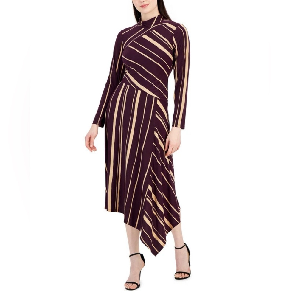 Taylor Women's 14 Geometric Striped Mock-Neck Dress (Raisin/Latte) Club Festival